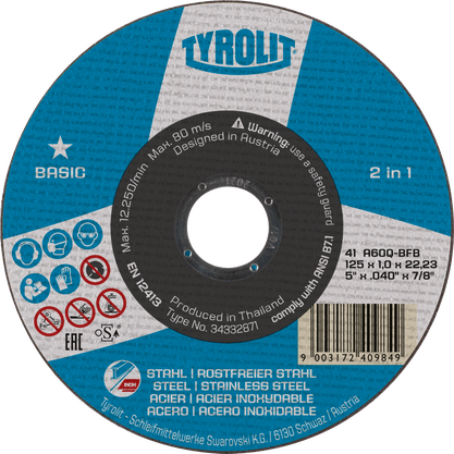 Disco Corte Inox  4.1/2 X 1.0mm X 7/8 A60Q-BF Tyrolit
